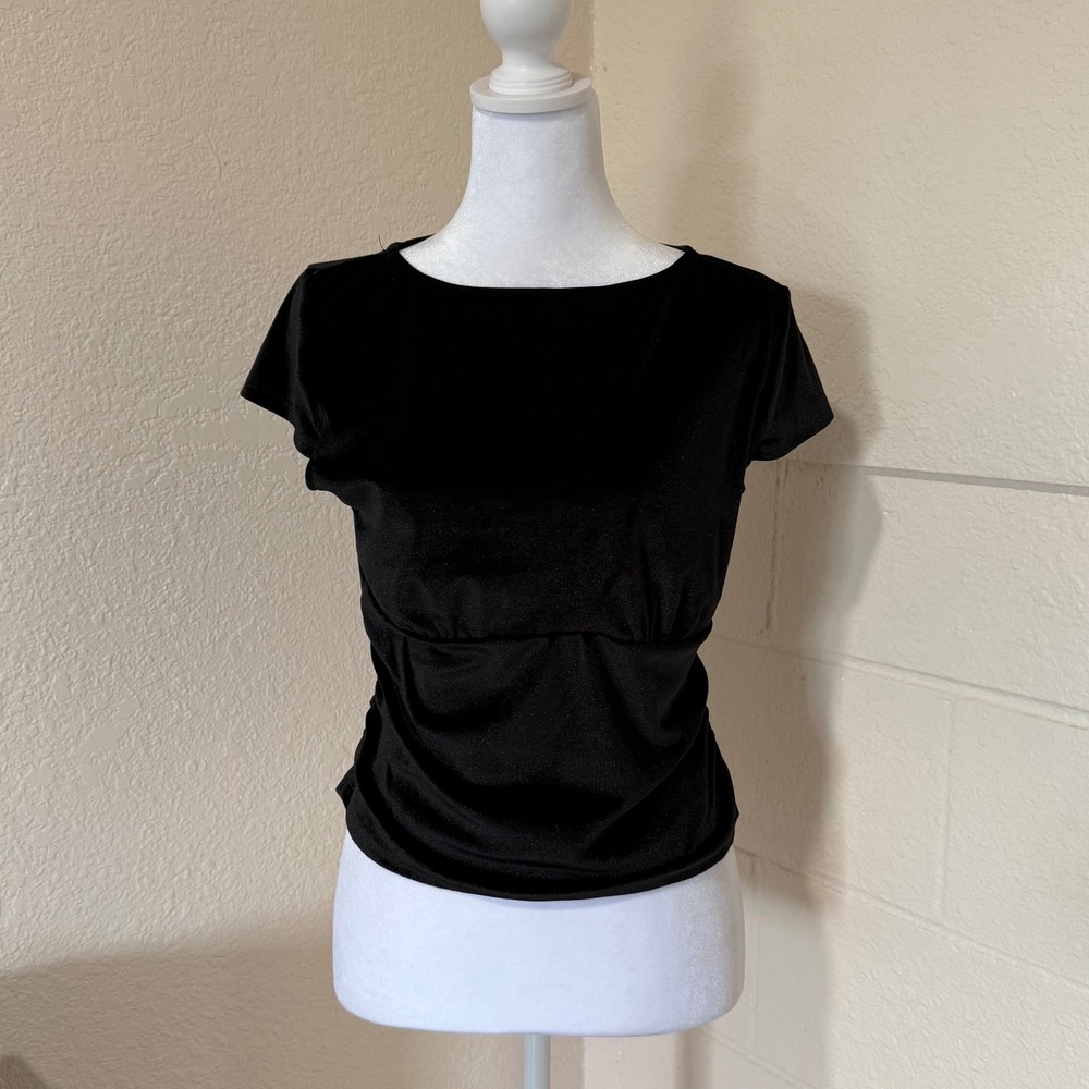 A New Day Ruched Velvet Top Womens Small Black Short Sleeve Boat Neck‎ Gothic